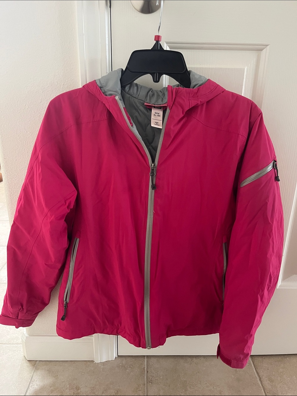 REI Girls’ Bright Pink Hooded Ski Jacket with Gray Accents